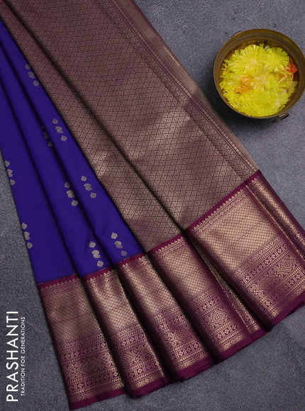 Semi kanchipuram silk saree blue and purple with allover zari woven buttas and long zari woven korvai border