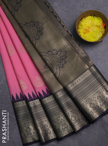 Semi kanchipuram silk saree light pink and navy blue with allover zari weaves & buttas and long zari woven korvai border