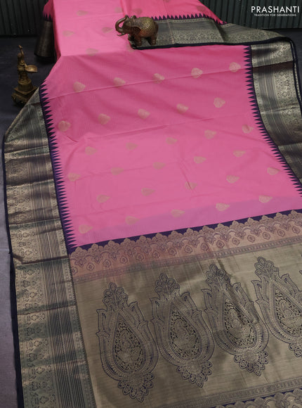 Semi kanchipuram silk saree light pink and navy blue with allover zari weaves & buttas and long zari woven korvai border