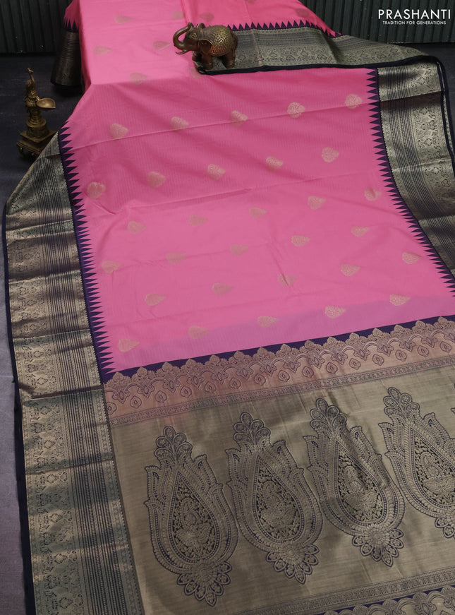 Semi kanchipuram silk saree light pink and navy blue with allover zari weaves & buttas and long zari woven korvai border