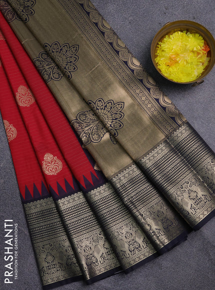 Semi kanchipuram silk saree red and navy blue with allover zari weaves & buttas and long zari woven korvai border