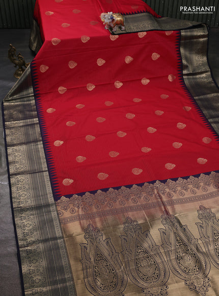 Semi kanchipuram silk saree red and navy blue with allover zari weaves & buttas and long zari woven korvai border