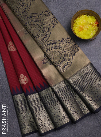 Semi kanchipuram silk saree maroon and navy blue with allover zari weaves & buttas and long zari woven border