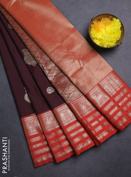 Semi kanchipuram silk saree coffee brown and rustic orange with zari woven buttas and long zari woven border