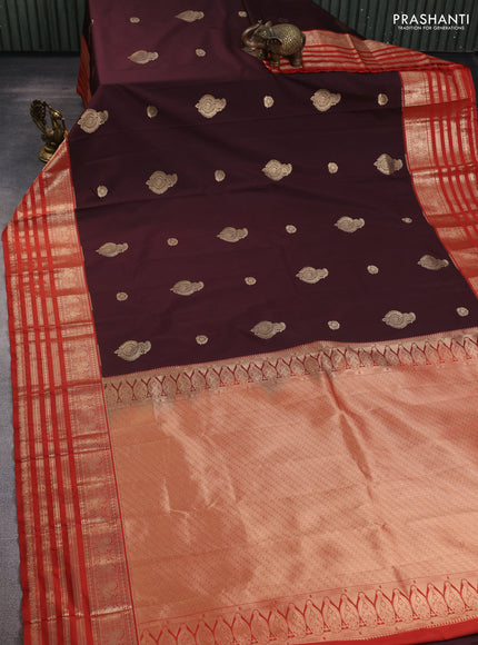Semi kanchipuram silk saree coffee brown and rustic orange with zari woven buttas and long zari woven border