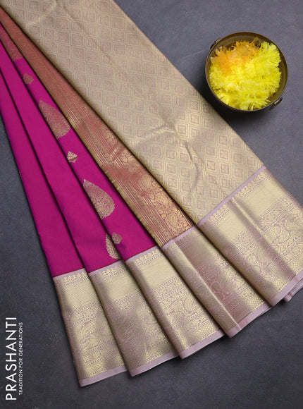 Semi kanchipuram silk saree magenta pink and pastel pink with zari woven buttas and zari woven korvai border