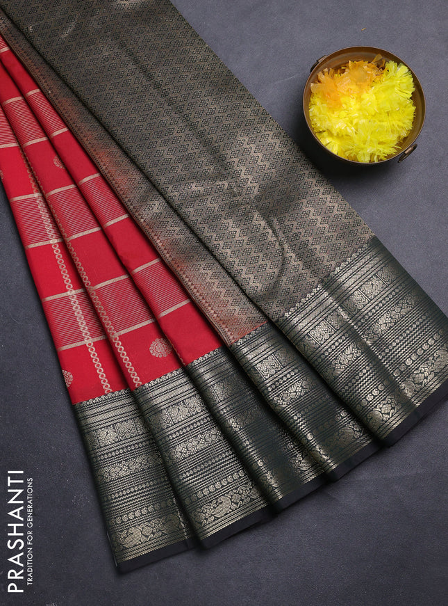Semi kanchipuram silk saree reddish pink and bottle green with allover zari checks & buttas and zari woven korvai border
