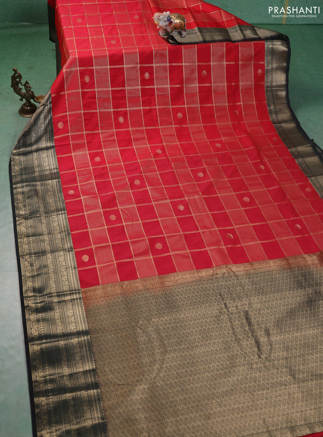 Semi kanchipuram silk saree reddish pink and bottle green with allover zari checks & buttas and zari woven korvai border