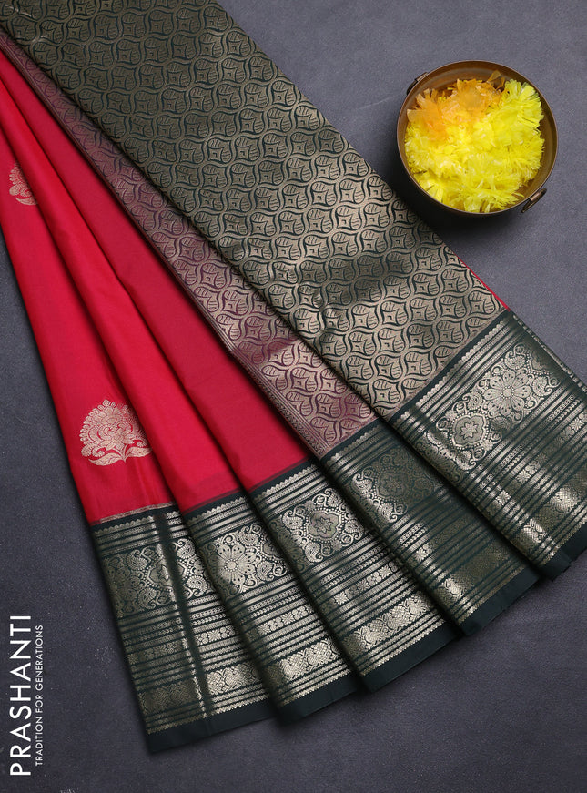 Semi kanchipuram silk saree pink and bottle green with zari woven buttas and zari woven border