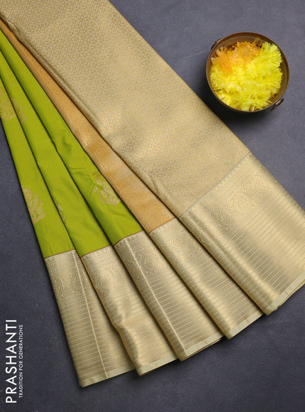 Semi kanchipuram silk saree light green and cream with zari woven buttas and long zari woven korvai border