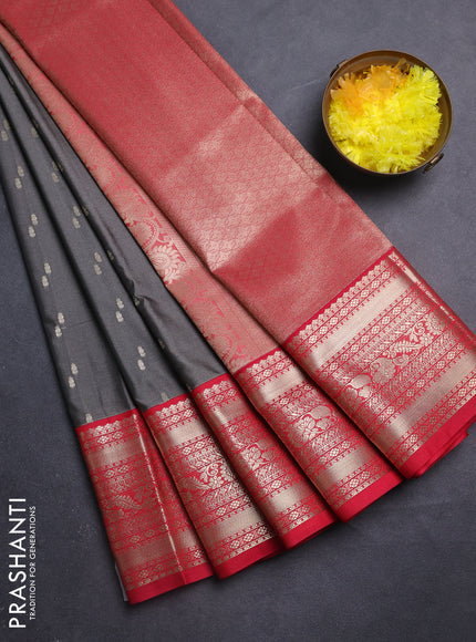 Semi kanchipuram silk saree grey and pink with zari woven buttas and zari woven korvai border