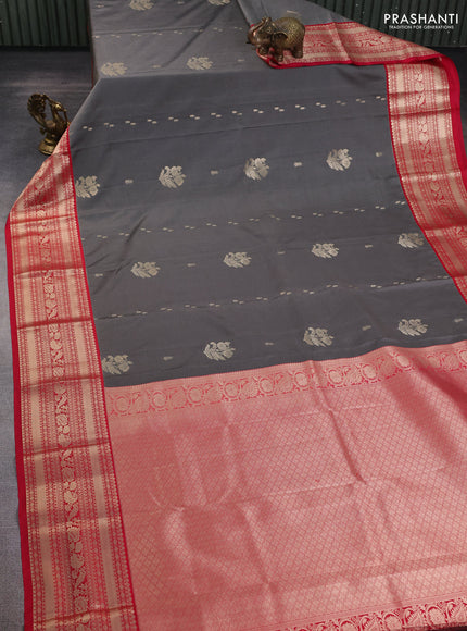Semi kanchipuram silk saree grey and pink with zari woven buttas and zari woven korvai border