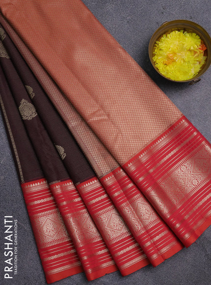 Semi kanchipuram silk saree coffee brown and orange with allover zari weaves & buttas and long zari woven border