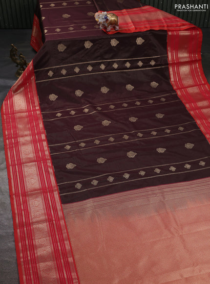 Semi kanchipuram silk saree coffee brown and orange with allover zari weaves & buttas and long zari woven border