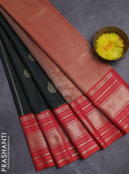 Semi kanchipuram silk saree bottle green and dual shade of pinkish orange with allover zari weaves & buttas and long zari woven border