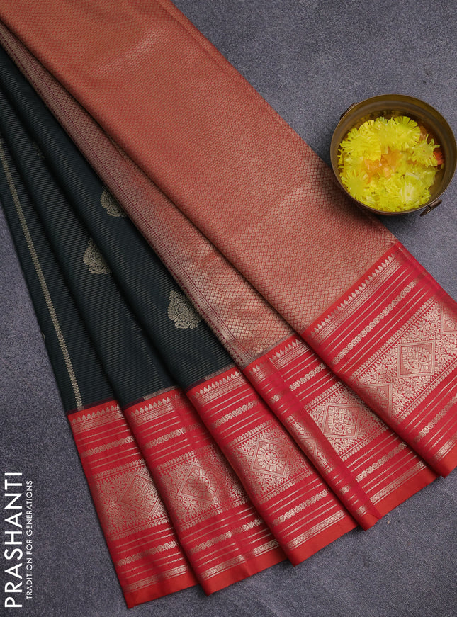 Semi kanchipuram silk saree bottle green and dual shade of pinkish orange with allover zari weaves & buttas and long zari woven border