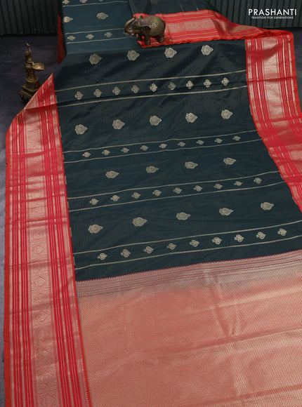 Semi kanchipuram silk saree bottle green and dual shade of pinkish orange with allover zari weaves & buttas and long zari woven border