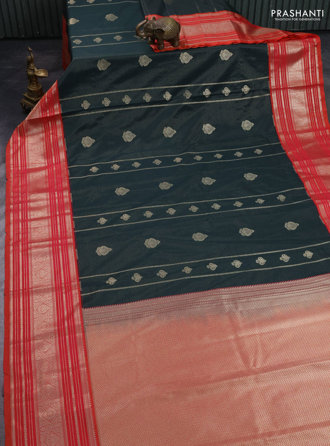 Semi kanchipuram silk saree bottle green and dual shade of pinkish orange with allover zari weaves & buttas and long zari woven border
