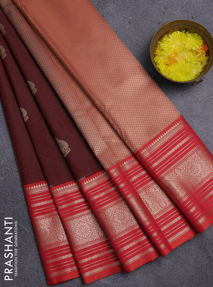 Semi kanchipuram silk saree maroon and dual shade of pinkish orange with allover zari weaves & buttas and long zari woven border