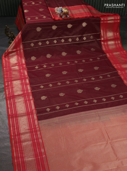 Semi kanchipuram silk saree maroon and dual shade of pinkish orange with allover zari weaves & buttas and long zari woven border