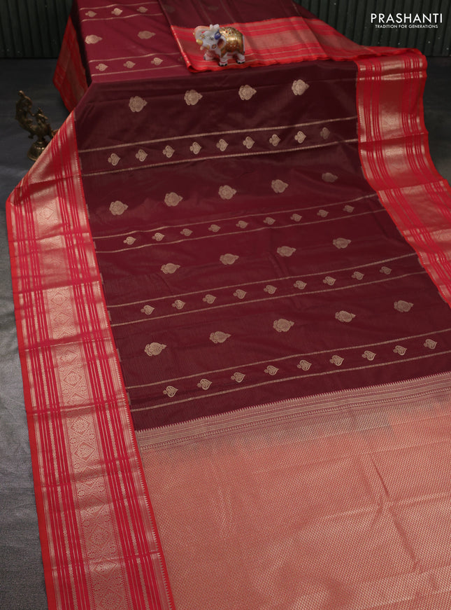 Semi kanchipuram silk saree maroon and dual shade of pinkish orange with allover zari weaves & buttas and long zari woven border