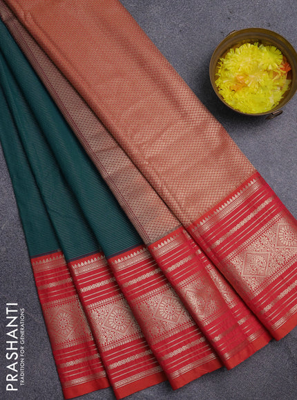 Semi kanchipuram silk saree peacock green and dual shade of pinkish orange with allover zari weaves & buttas and long zari woven korvai border