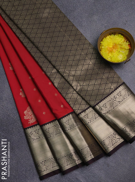 Semi kanchipuram silk saree red and coffee brown with zari woven buttas and long zari woven korvai border