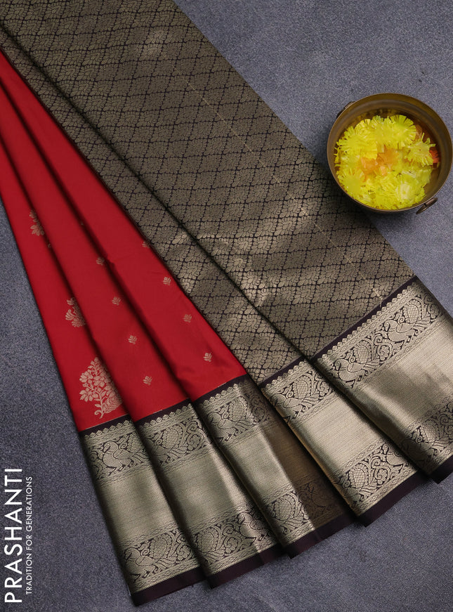 Semi kanchipuram silk saree red and coffee brown with zari woven buttas and long zari woven korvai border