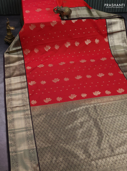 Semi kanchipuram silk saree red and coffee brown with zari woven buttas and long zari woven korvai border
