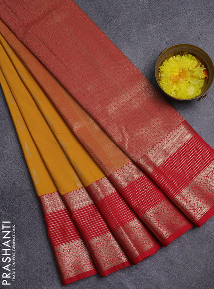Semi kanchipuram silk saree mustard yellow and red with zari woven buttas and long zari woven korvai border