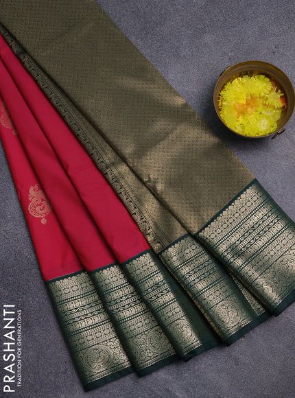 Semi kanchipuram silk saree pink and bottle green with zari woven buttas and long zari woven korvai border