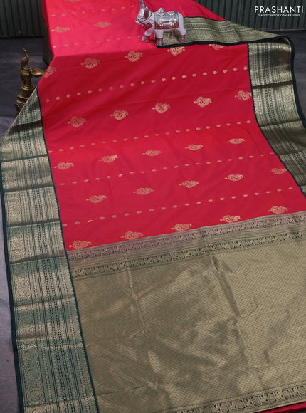 Semi kanchipuram silk saree pink and bottle green with zari woven buttas and long zari woven korvai border