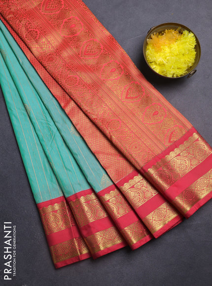 Semi kanchipuram silk saree teal blue and red with allover zari weaves & buttas and rettapet zari woven korvai border