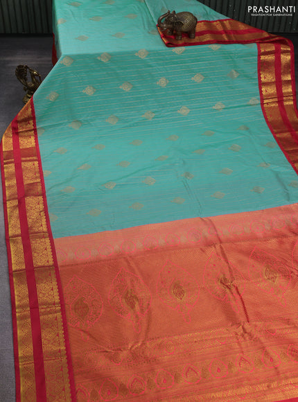 Semi kanchipuram silk saree teal blue and red with allover zari weaves & buttas and rettapet zari woven korvai border