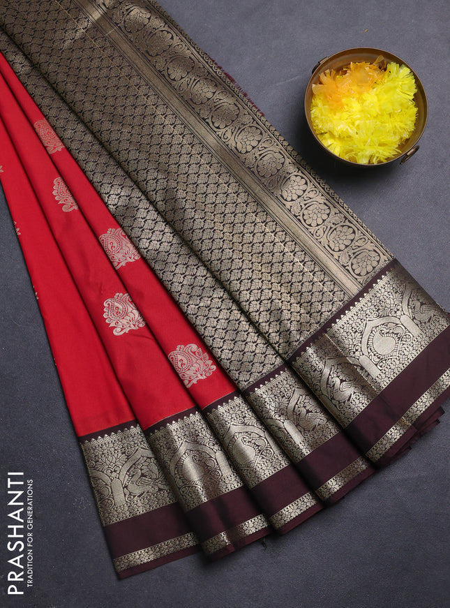 Semi kanchipuram silk saree reddish pink and coffee brown with zari woven buttas and rettapet zari woven korvai border