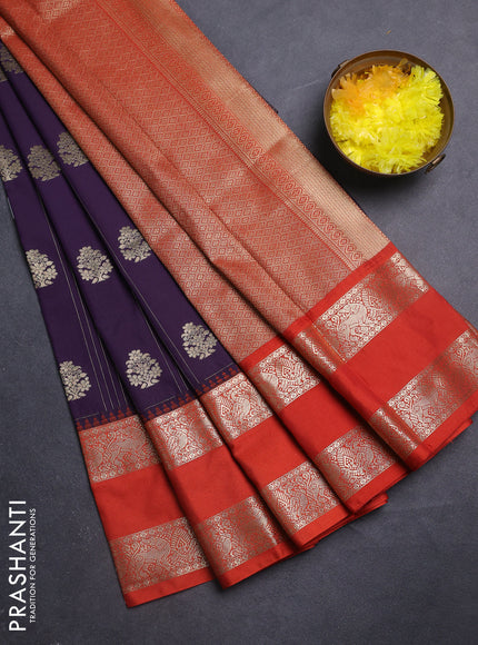 Semi kanchipuram silk saree deep purple and rustic orange with allover zari weaves & buttas and long rettapet zari woven border