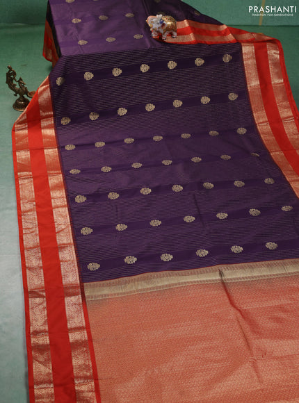 Semi kanchipuram silk saree deep purple and rustic orange with allover zari weaves & buttas and long rettapet zari woven border