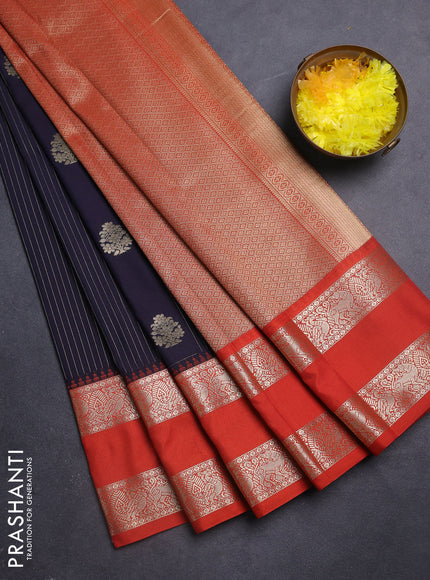 Semi kanchipuram silk saree navy blue and rustic orange with allover zari weaves & buttas and long rettapet zari woven border