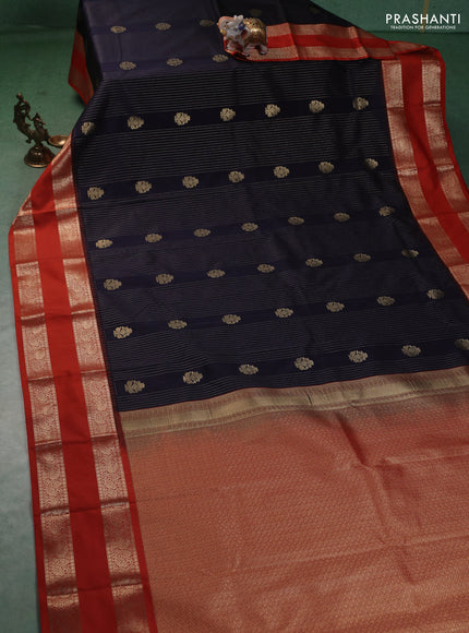 Semi kanchipuram silk saree navy blue and rustic orange with allover zari weaves & buttas and long rettapet zari woven border