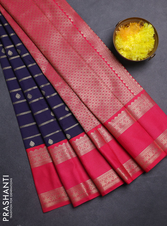 Semi kanchipuram silk saree navy blue and pink with allover zari weaves & buttas and rettapet zari woven korvai border