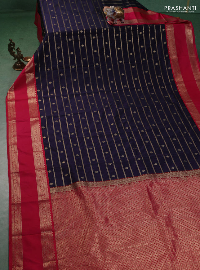 Semi kanchipuram silk saree navy blue and pink with allover zari weaves & buttas and rettapet zari woven korvai border