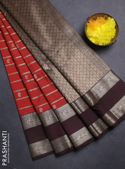 Semi kanchipuram silk saree rustic orange and coffee brown with allover zari weaves & buttas and rettapet zari woven korvai border