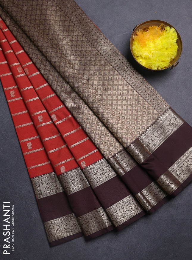 Semi kanchipuram silk saree rustic orange and coffee brown with allover zari weaves & buttas and rettapet zari woven korvai border