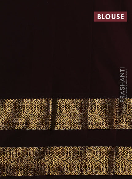 Semi kanchipuram silk saree light green and coffee brown with zari woven buttas and long rettapet zari woven korvai border