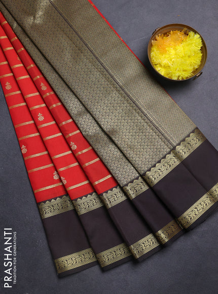 Semi kanchipuram silk saree red and deep coffee brown with allover zari weaves & buttas and rettapet zari woven border