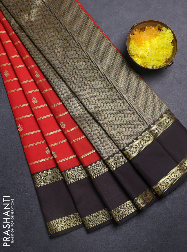 Semi kanchipuram silk saree red and deep coffee brown with allover zari weaves & buttas and rettapet zari woven border