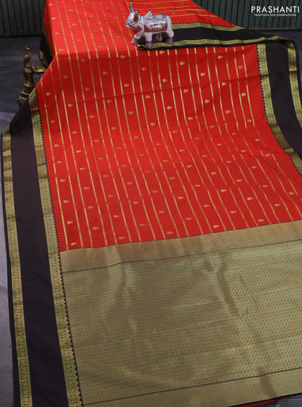 Semi kanchipuram silk saree red and deep coffee brown with allover zari weaves & buttas and rettapet zari woven border