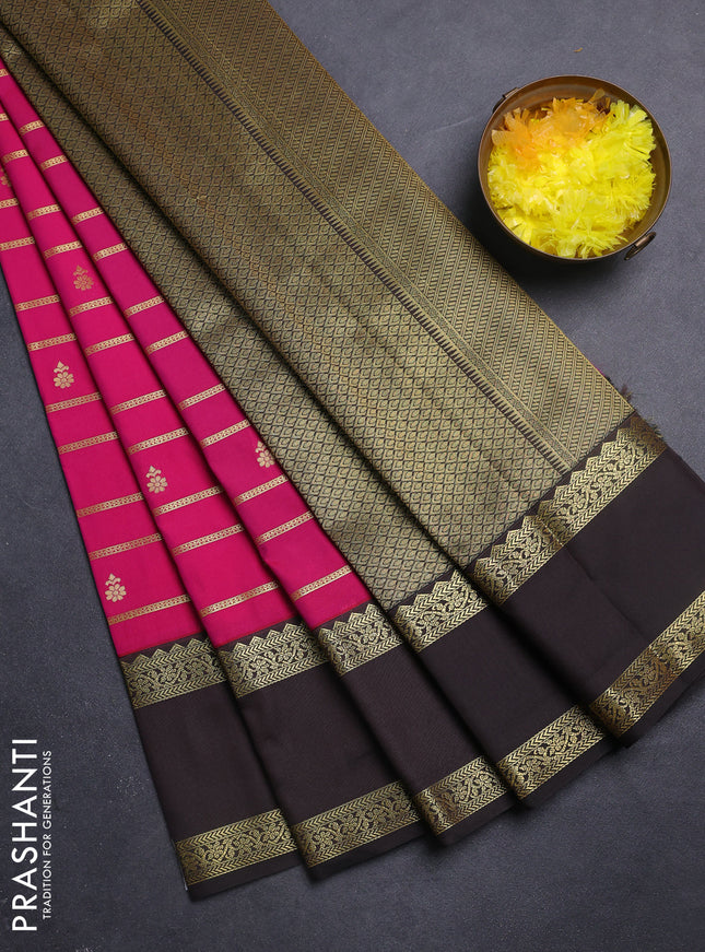 Semi kanchipuram silk saree pink and deep coffee brown with allover zari weaves & buttas and rettapet zari woven border