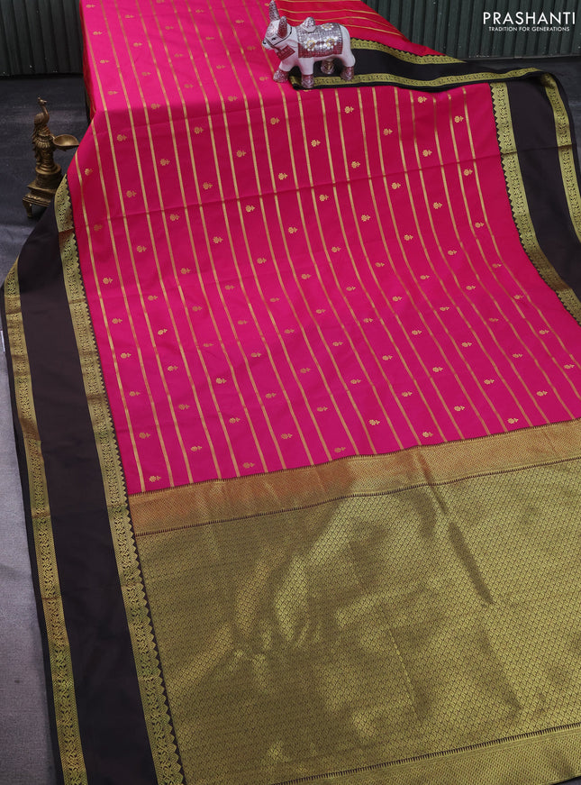 Semi kanchipuram silk saree pink and deep coffee brown with allover zari weaves & buttas and rettapet zari woven border