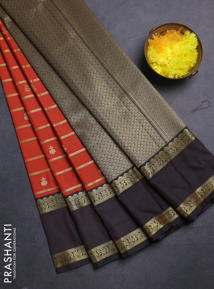 Semi kanchipuram silk saree rustic orange and deep coffee brown with allover zari weaves & buttas and rettapet zari woven border